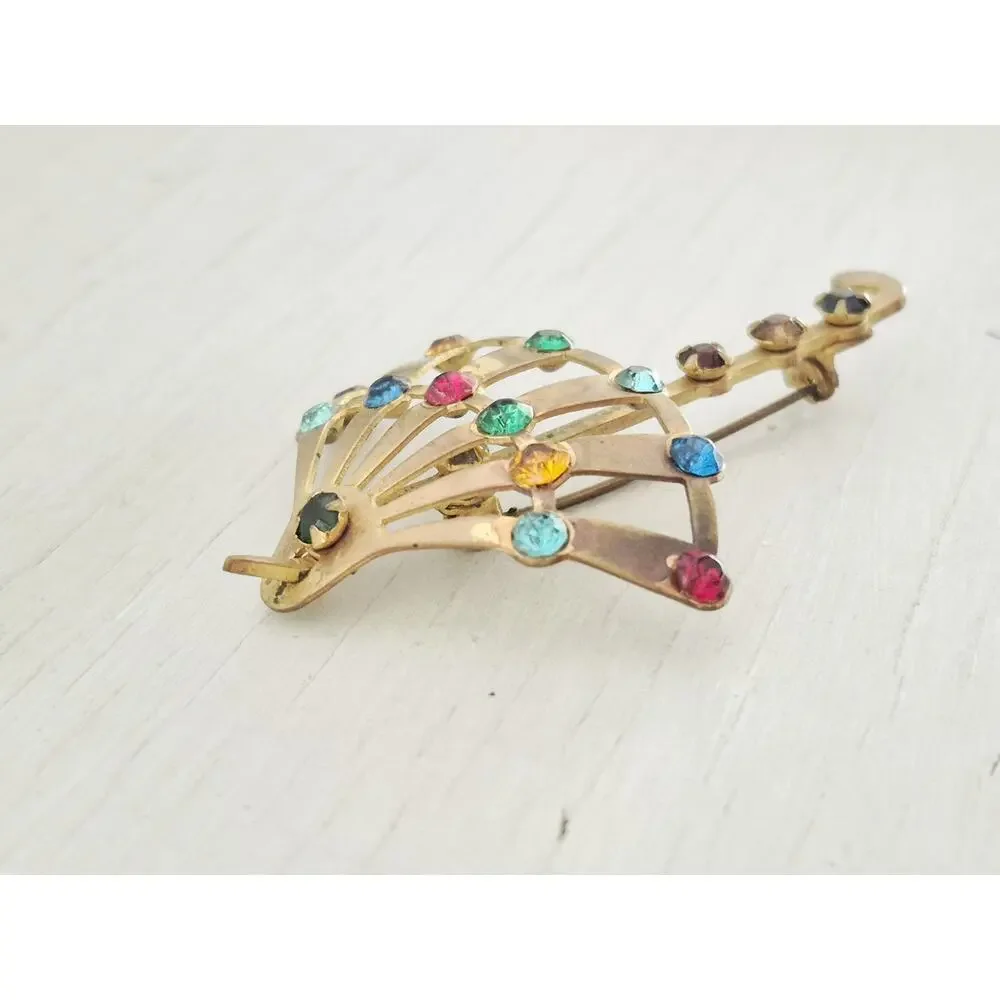 Vintage Multicolor Rhinestone Umbrella Brooch